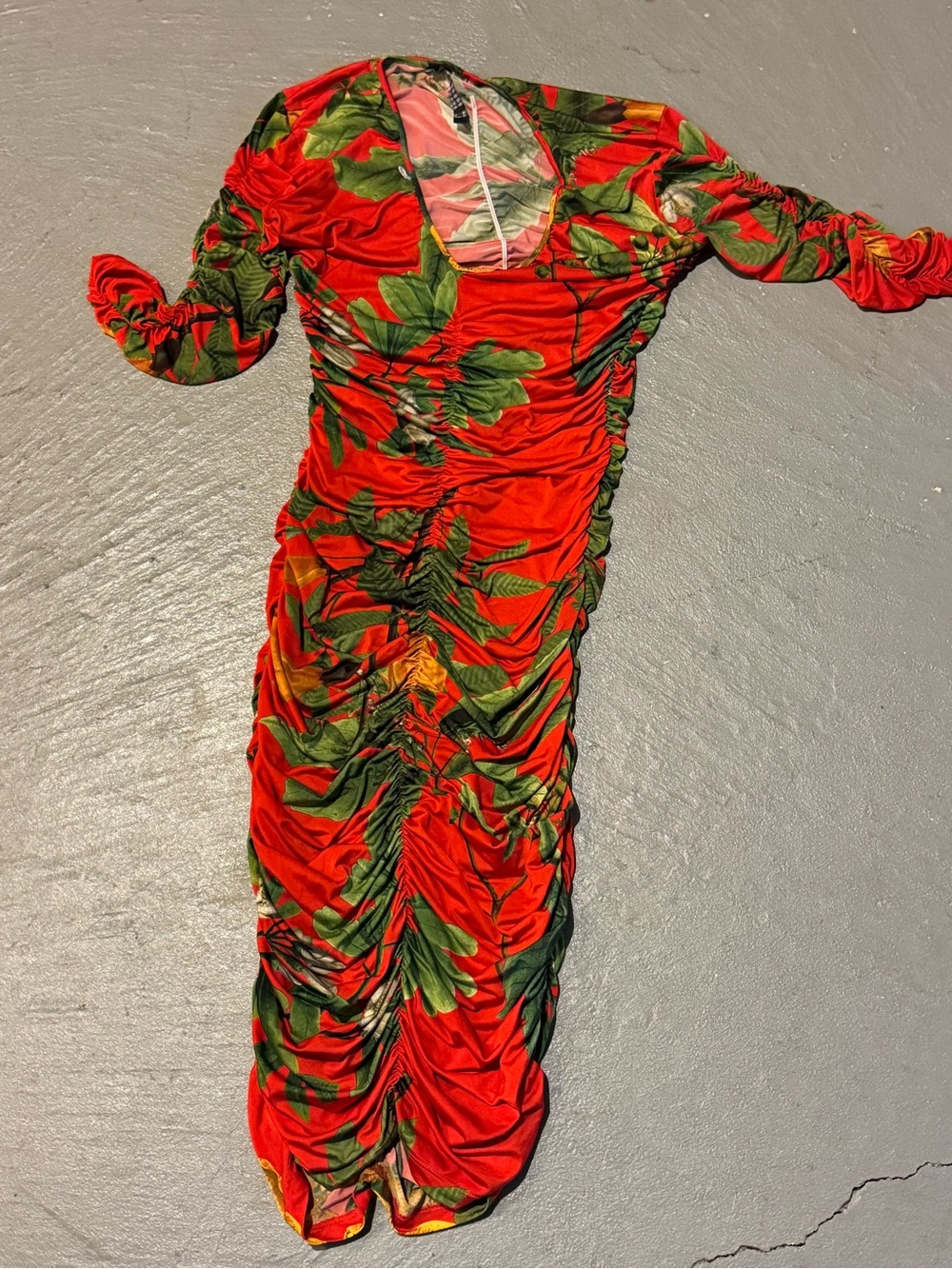 Zara Red Tropical Ruched Long-Sleeve Midi Dress